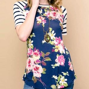 NWOT Floral top with striped sleeves